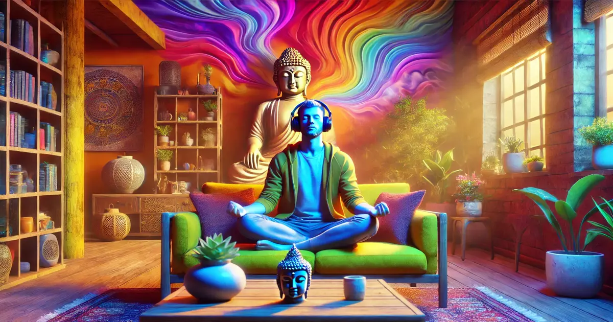 photo of a person sitting in a vibrant living room with headphones, listening to binaural beats. A Buddha statue and plants add to the serene ambiance.