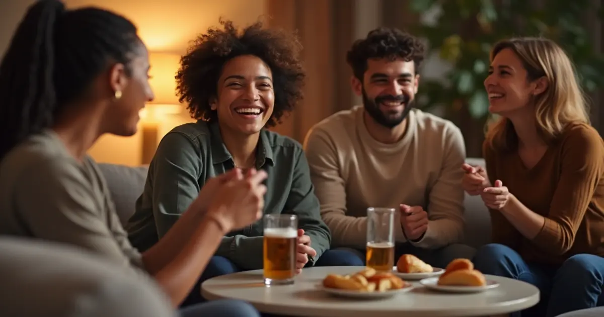 A candid photograph of friends in a cozy setting, celebrating healthy relationships and the importance of setting boundaries.