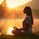 A photograph of a person meditating outdoors at sunrise, symbolizing self-love and the practice of setting boundaries.