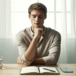 A young adult practicing Self-Control Exercises for Beginners at a distraction-free desk, calmly pausing with a glass of water, notebook, and phone placed away, in a serene, well-lit environment.