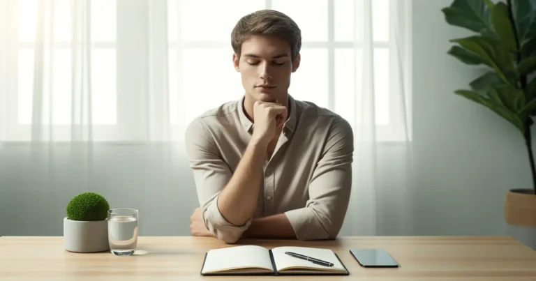 A young adult practicing Self-Control Exercises for Beginners at a distraction-free desk, calmly pausing with a glass of water, notebook, and phone placed away, in a serene, well-lit environment.