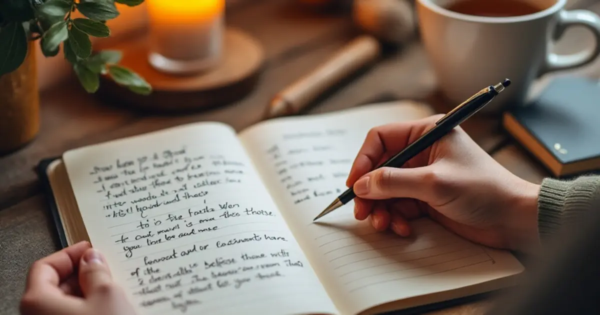 A minimalist workspace featuring a journal, pen, and a calming backdrop of greenery or soft lighting, ideal for introspection and self-reflection routines.