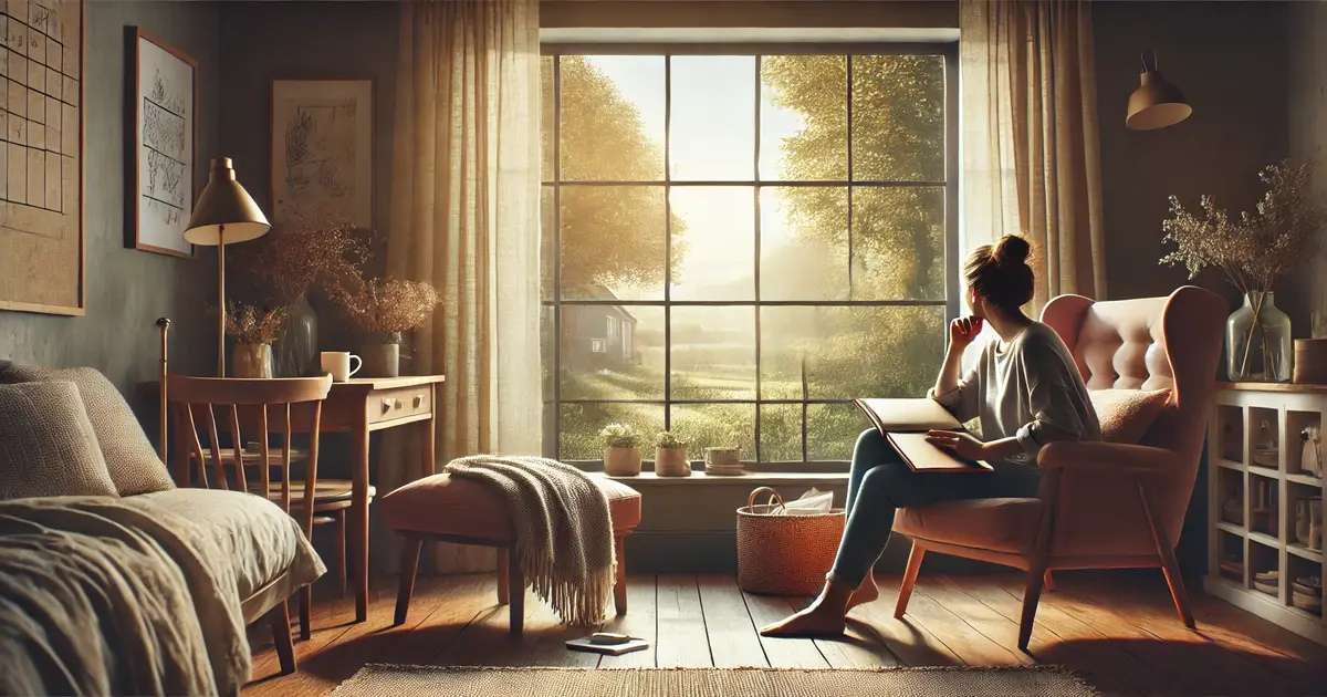 A person seated by a window with a vision board or notebook, gazing thoughtfully outside, symbolizing goal-setting, visualization, and personal growth aspirations