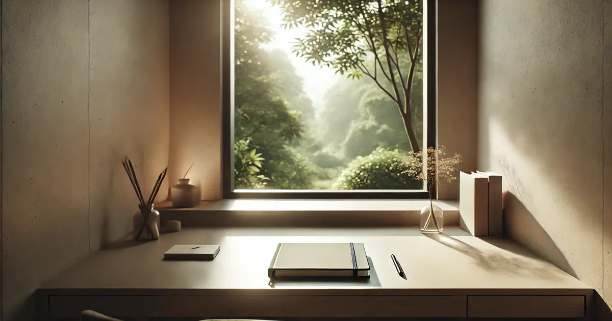 A cozy desk setup with a hand writing in a journal, surrounded by warm lighting, a cup of tea, and visible gratitude prompts, inspiring mindfulness and self-reflection.