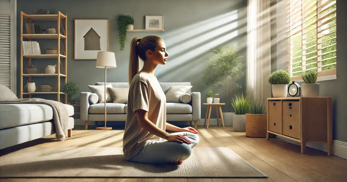 A person practicing mindful breathing in a peaceful home setting, sitting cross-legged on a rug with natural light, indoor plants, and minimalistic decor promoting focus and self-control.