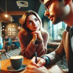 Two individuals engaging in mindful communication at a cozy coffee shop. One person leans forward attentively, actively listening, while the other gestures thoughtfully during their conversation, demonstrating active listening and connection