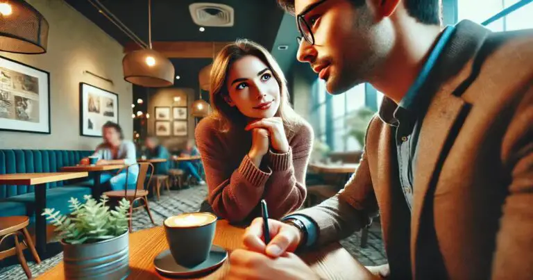 Two individuals engaging in mindful communication at a cozy coffee shop. One person leans forward attentively, actively listening, while the other gestures thoughtfully during their conversation, demonstrating active listening and connection