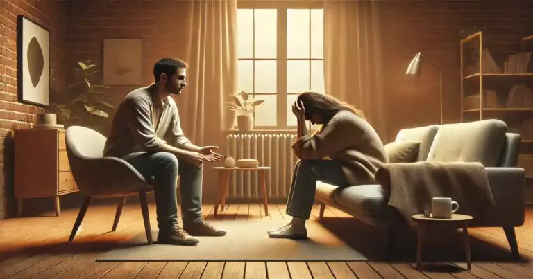 Two people having an empathetic conversation in a cozy indoor setting, symbolizing emotional support, stress management, and effective direct communication.