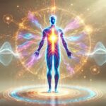 A glowing human figure radiating vibrant energy streams in blue, purple, and gold, representing how to raise your frequency vibrations operating within the body.