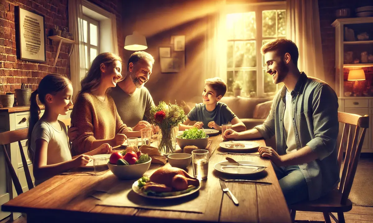 A family practicing mindful communication while enjoying a meal together at home. They share smiles and engage in meaningful conversation, creating a warm and supportive atmosphere.