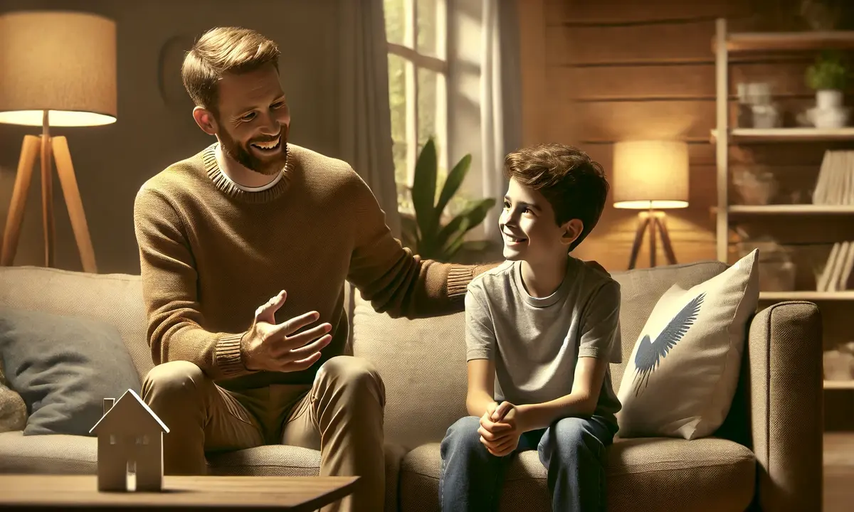 A parent and child engaging in an emotional conversation on a cozy sofa, showcasing healthy coping skills and family health strategies for resilience and stress management.