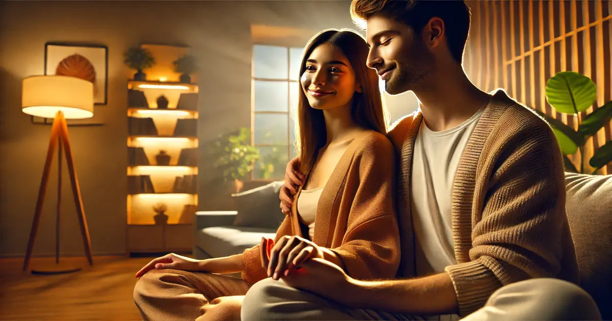 A couple sharing a moment of mindfulness and emotional intimacy, sitting together on a cozy sofa with warm lighting, highlighting a mindful relationship practice.