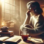 A thoughtful woman in a cozy room, surrounded by books and tea, reflecting solitude and introspection as a social introvert.