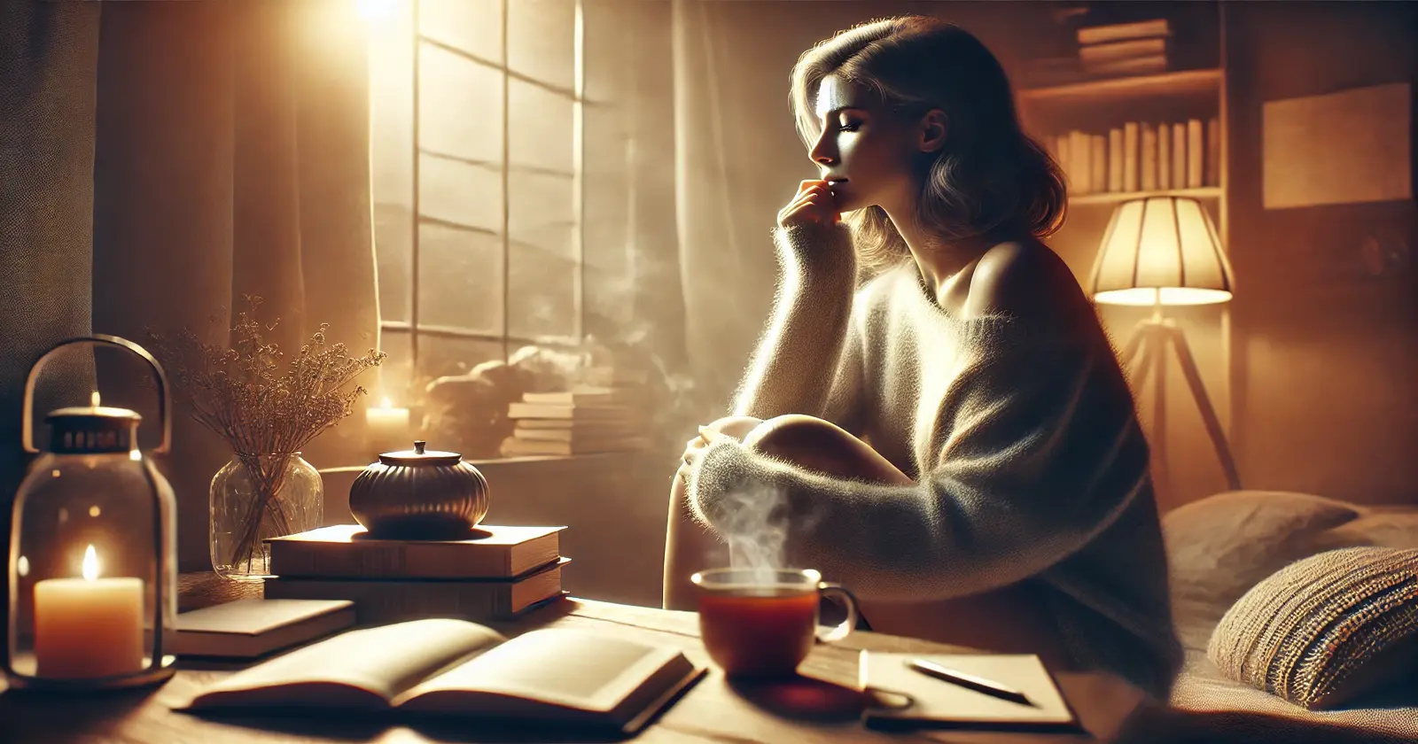 A thoughtful woman in a cozy room, surrounded by books and tea, reflecting solitude and introspection as a social introvert.