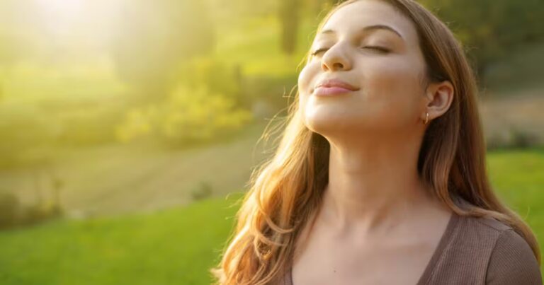 a woman doing resonant breathing