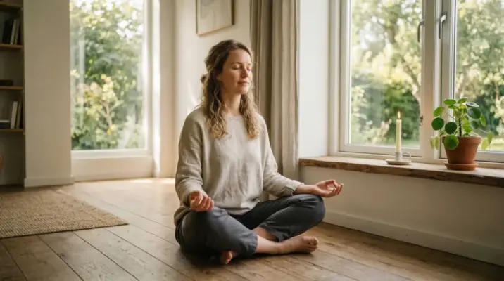 Woman practicing meditation in a seated posture near a sunlit window, illustrating what is meditation for beginners. What is meditation?