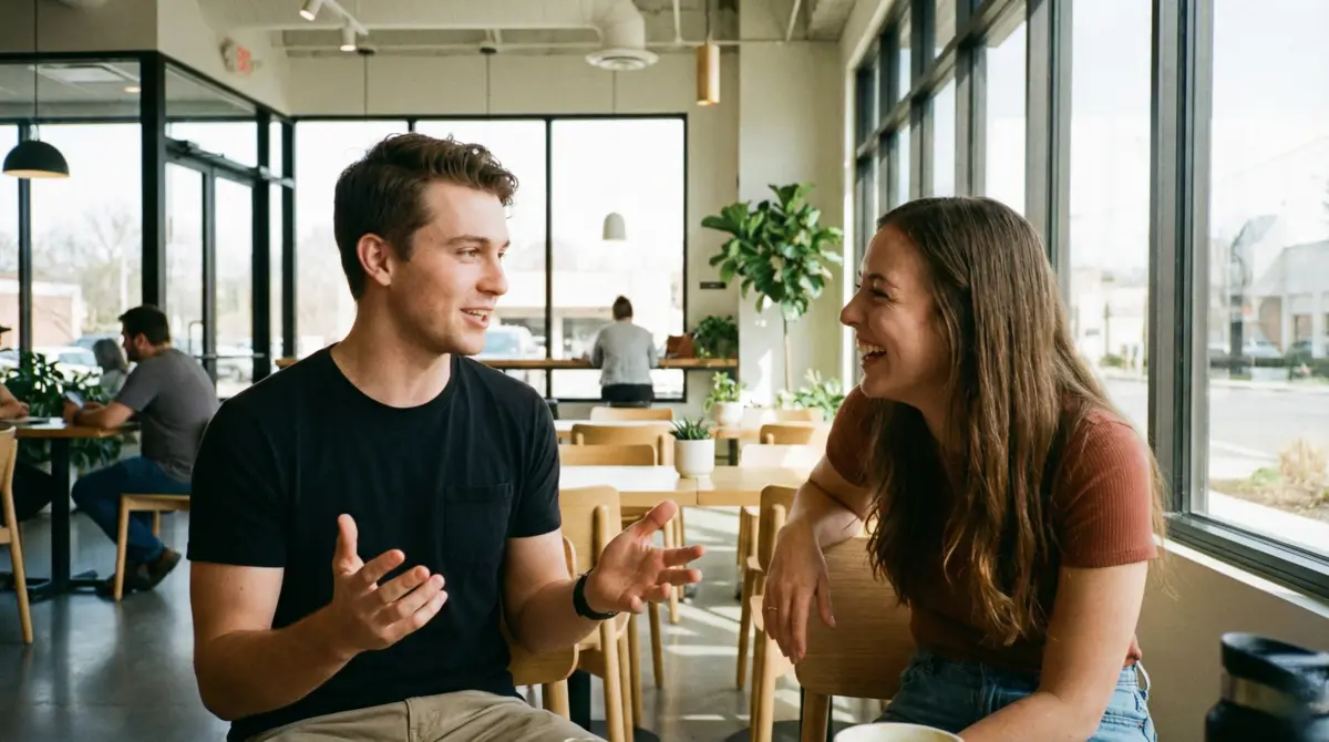 Confident man with open body language talking to smiling woman during coffee date in bright modern cafe