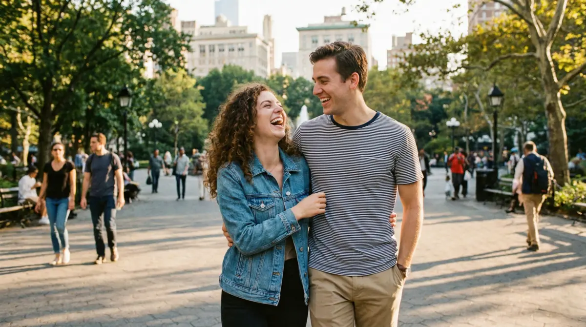 Young couple laughing together with relaxed body language during outdoor date in park setting