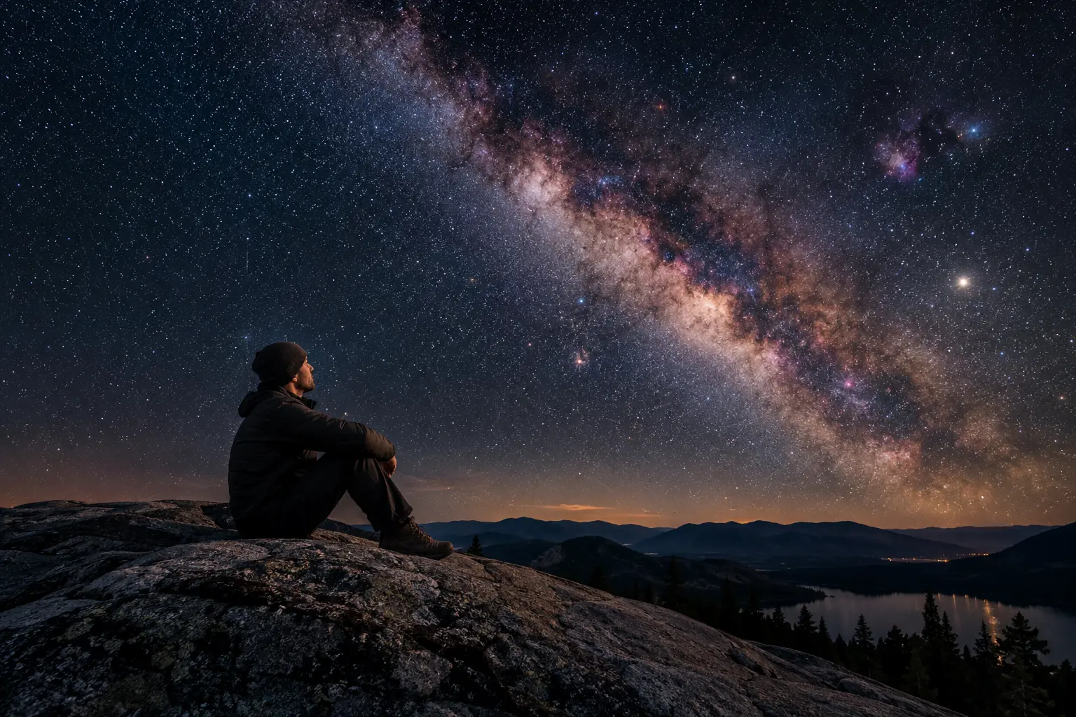 A person sitting on a rocky mountain peak, looking up at the vibrant Milky Way stretching across a starry night sky