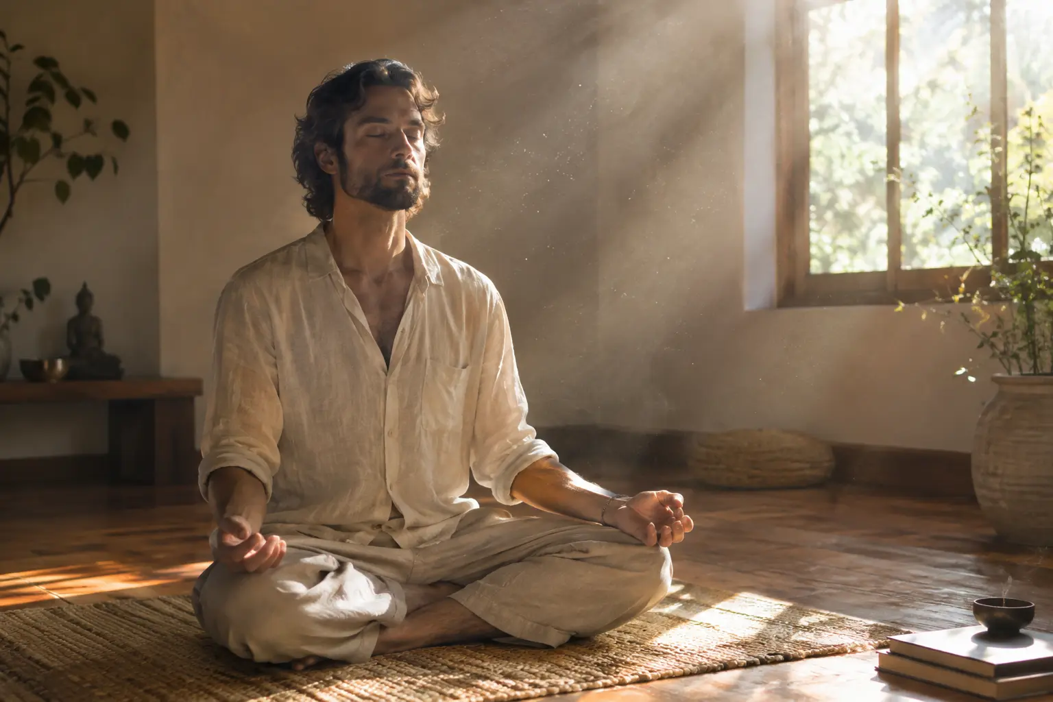 A man sitting cross-legged on a woven mat, meditating with eyes closed in a sunlit room