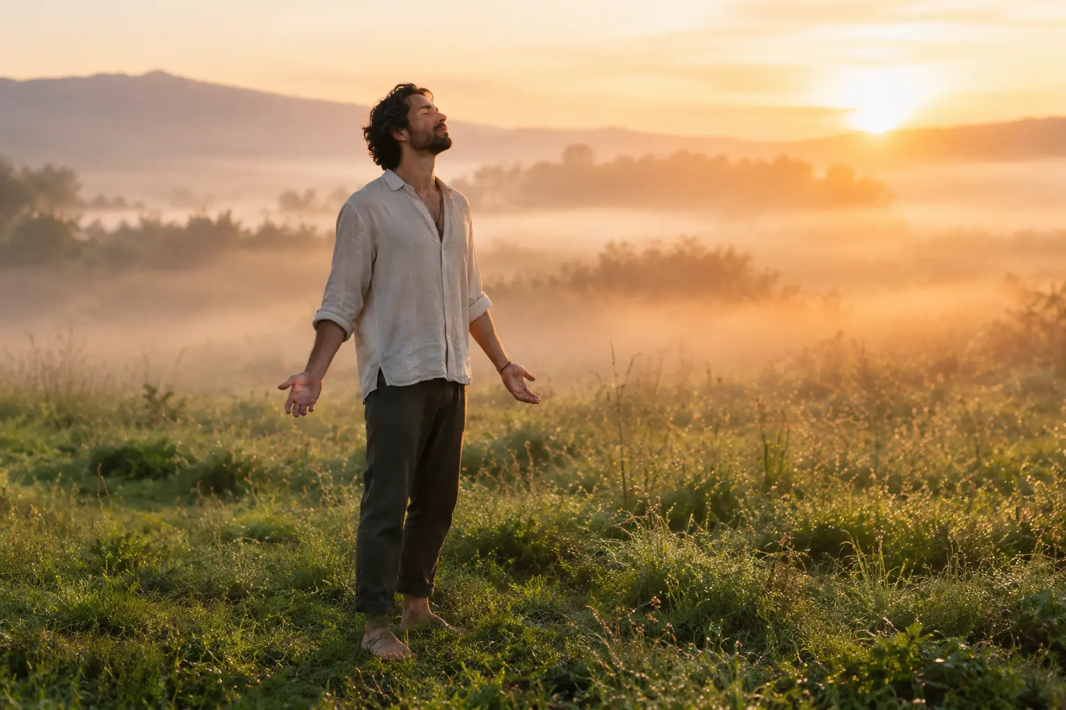 Barefoot man standing in a misty field at sunrise with eyes closed and arms open