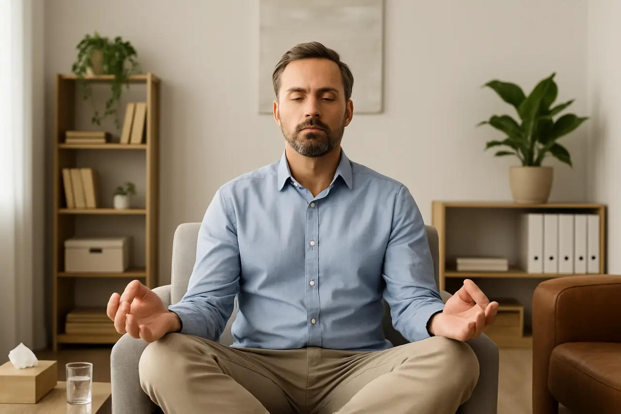 a man meditating in his therapist office