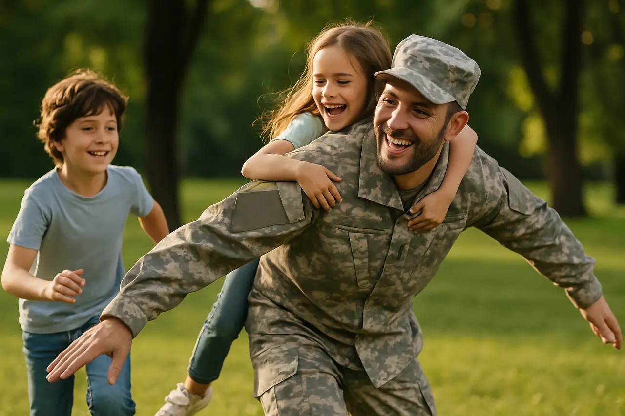 a soldier playing with his kids 