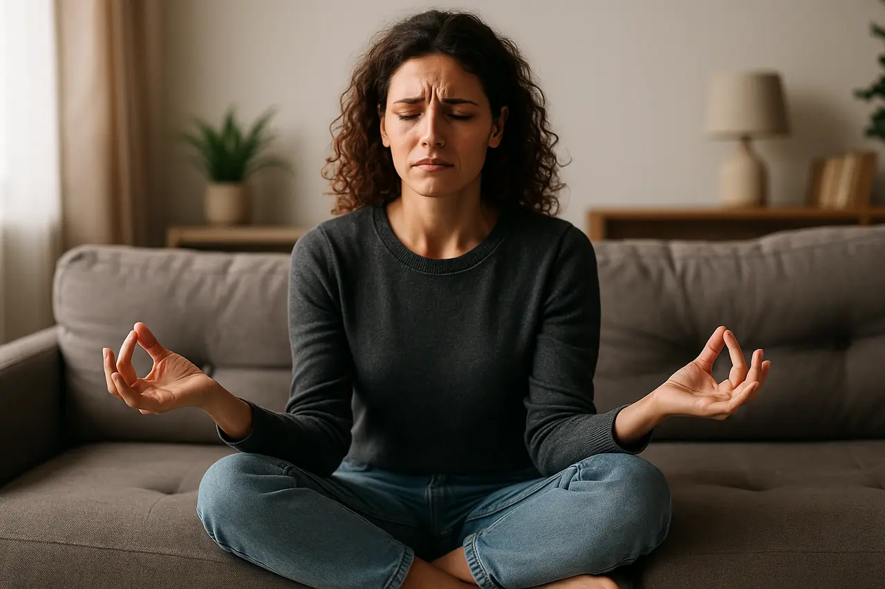 a woman meditating on the couch