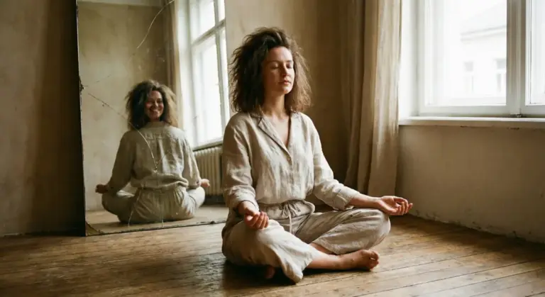 Close-up portrait of a person in the moment of authentic self-recognition, illustrating what it means to find your true self