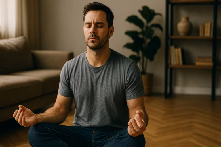 Use meditation for anger. captures a light-skinned man in his late twenties meditating cross-legged on a wooden floor in a modern living room, eyes closed, wearing a gray t-shirt and dark jeans, with soft natural light illuminating the calm, focused expression on his face.