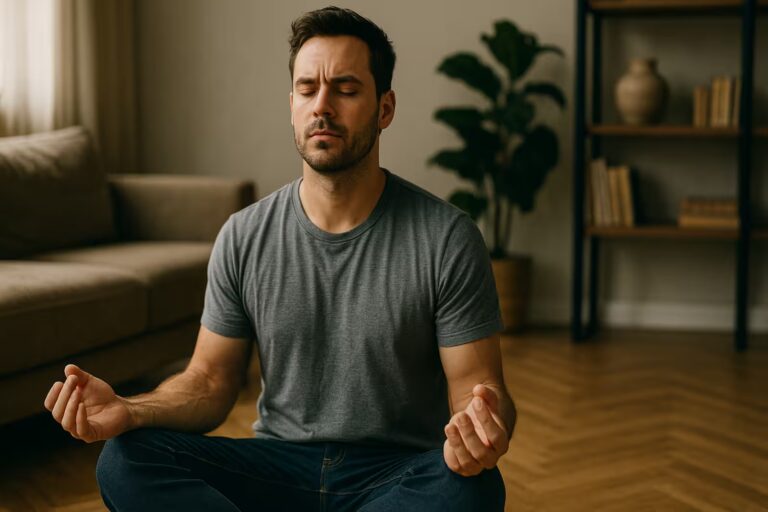 Use meditation for anger. captures a light-skinned man in his late twenties meditating cross-legged on a wooden floor in a modern living room, eyes closed, wearing a gray t-shirt and dark jeans, with soft natural light illuminating the calm, focused expression on his face.