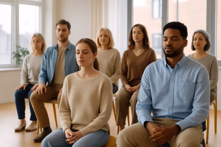 Group of adults meditating on chairs in a bright room