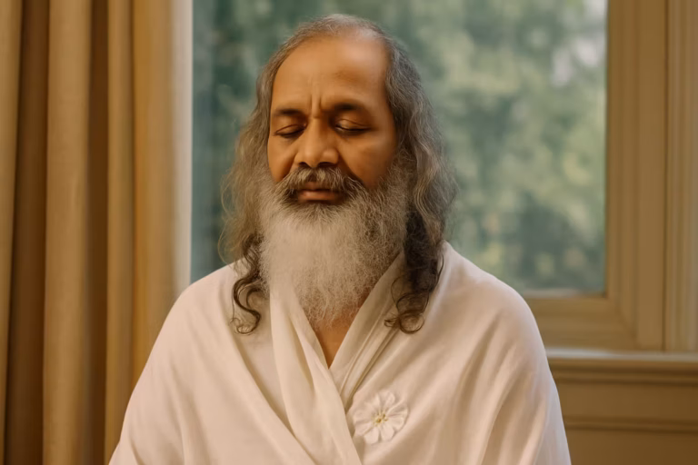 Older man meditating peacefully in natural light, representing transcendental meditation and the teachings of Maharishi Mahesh Yogi.