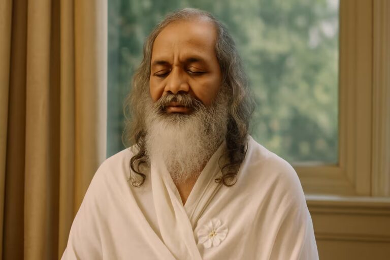 Older man meditating peacefully in natural light, representing transcendental meditation and the teachings of Maharishi Mahesh Yogi.