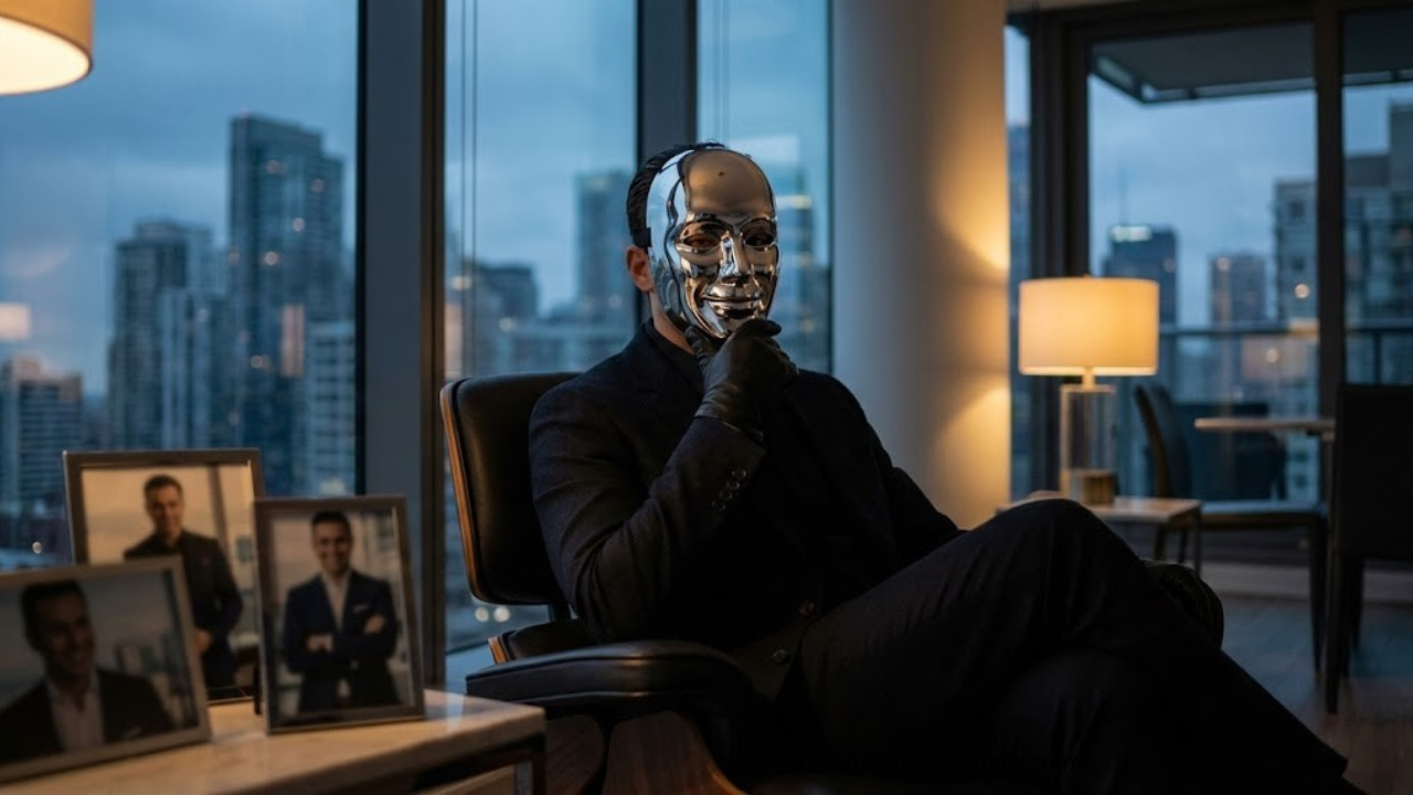 image of a narcissists sitting in a chair with his mask on