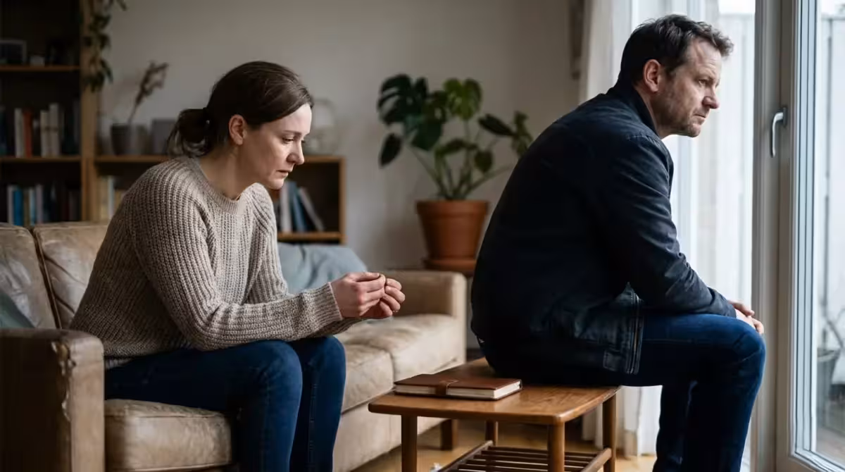 man and woman sitting in a living room in silence