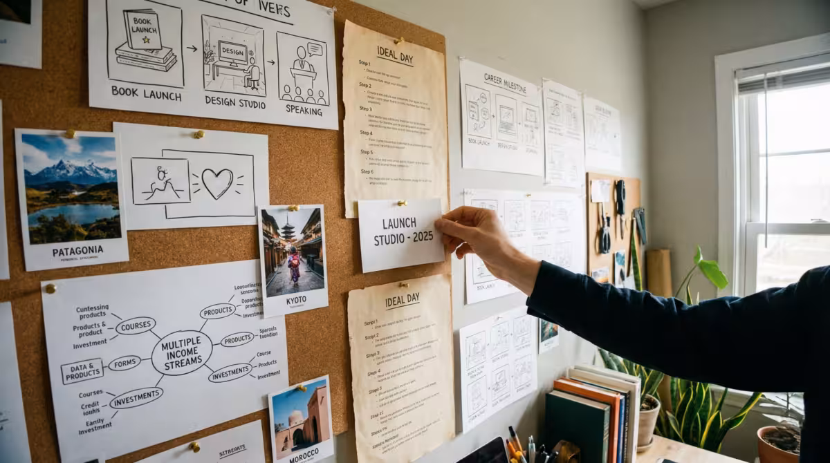 A creative manifestation storyboard showing mind maps and visual goals