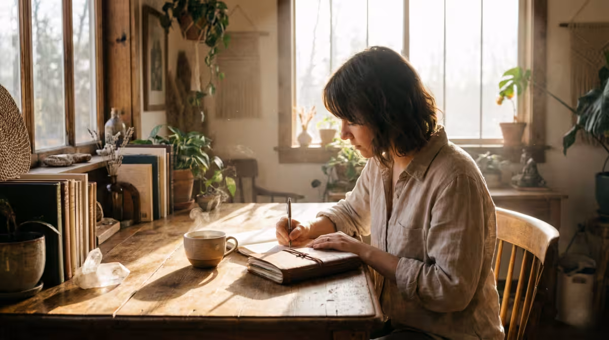 A person practicing manifestation journaling in a peaceful morning setting to improve mental focus. This helps with High-Frequency Manifestation Techniques for 2026.