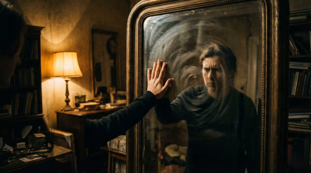 A person looking into a distorted mirror, representing the confusion and self-doubt caused by gaslighting.
