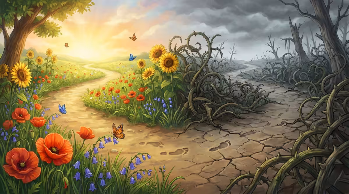 A path transitioning from bright flowers to dark thorns, symbolizing the shift from love bombing to devaluation.