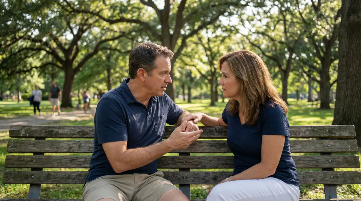 Two people in a meaningful conversation representing aligned energy in healthy, intentional relationships.