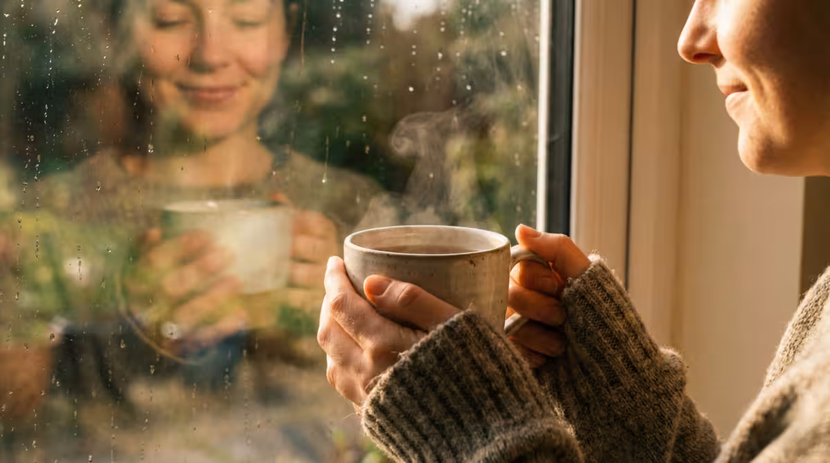 A person practicing mindful awareness while enjoying a morning beverage at home.