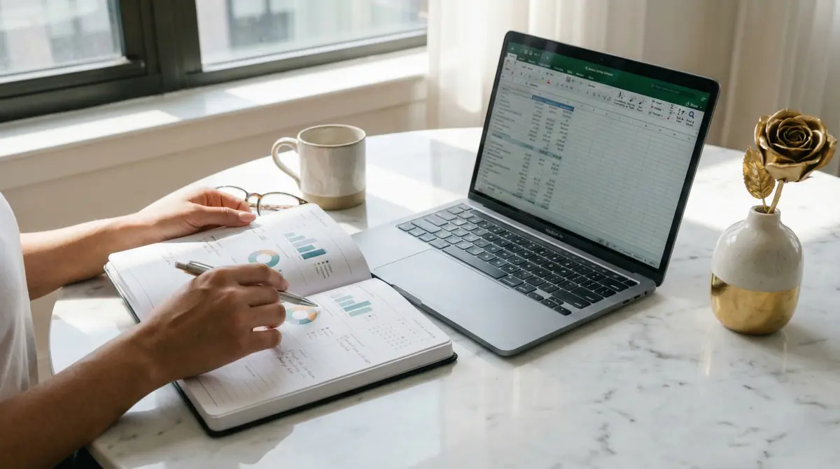 A person organizing finances to clear money blocks and act from a grounded sense of abundance.