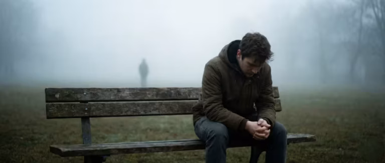 Narcissistic Abuse Signs in Relationships. A person sitting alone on a park bench in the fog, reflecting on their relationship.