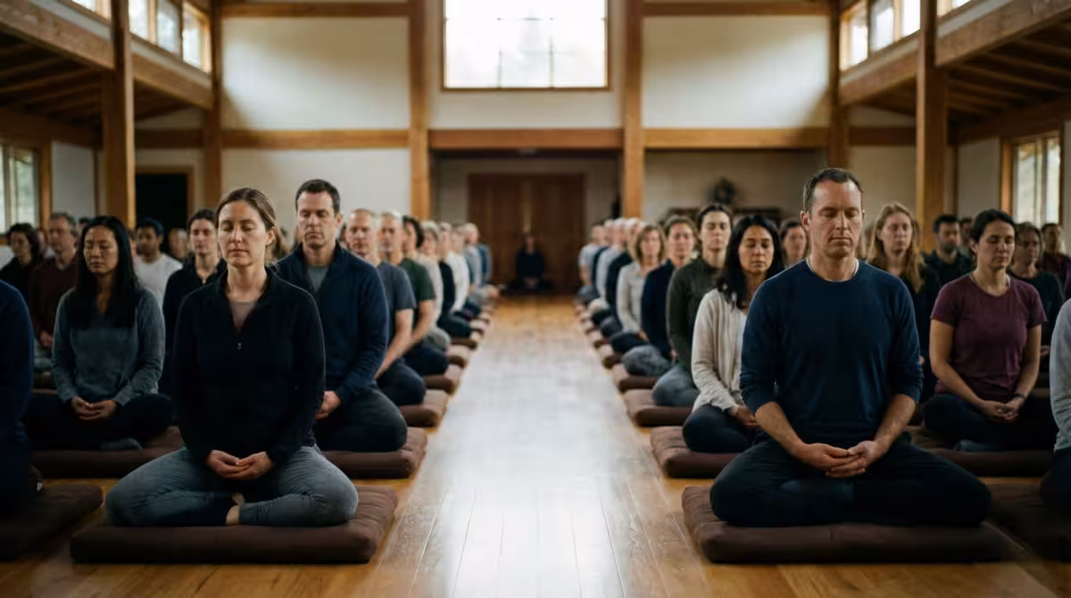 A group of practitioners in a silent meditation hall during an intensive 10-day retreat.