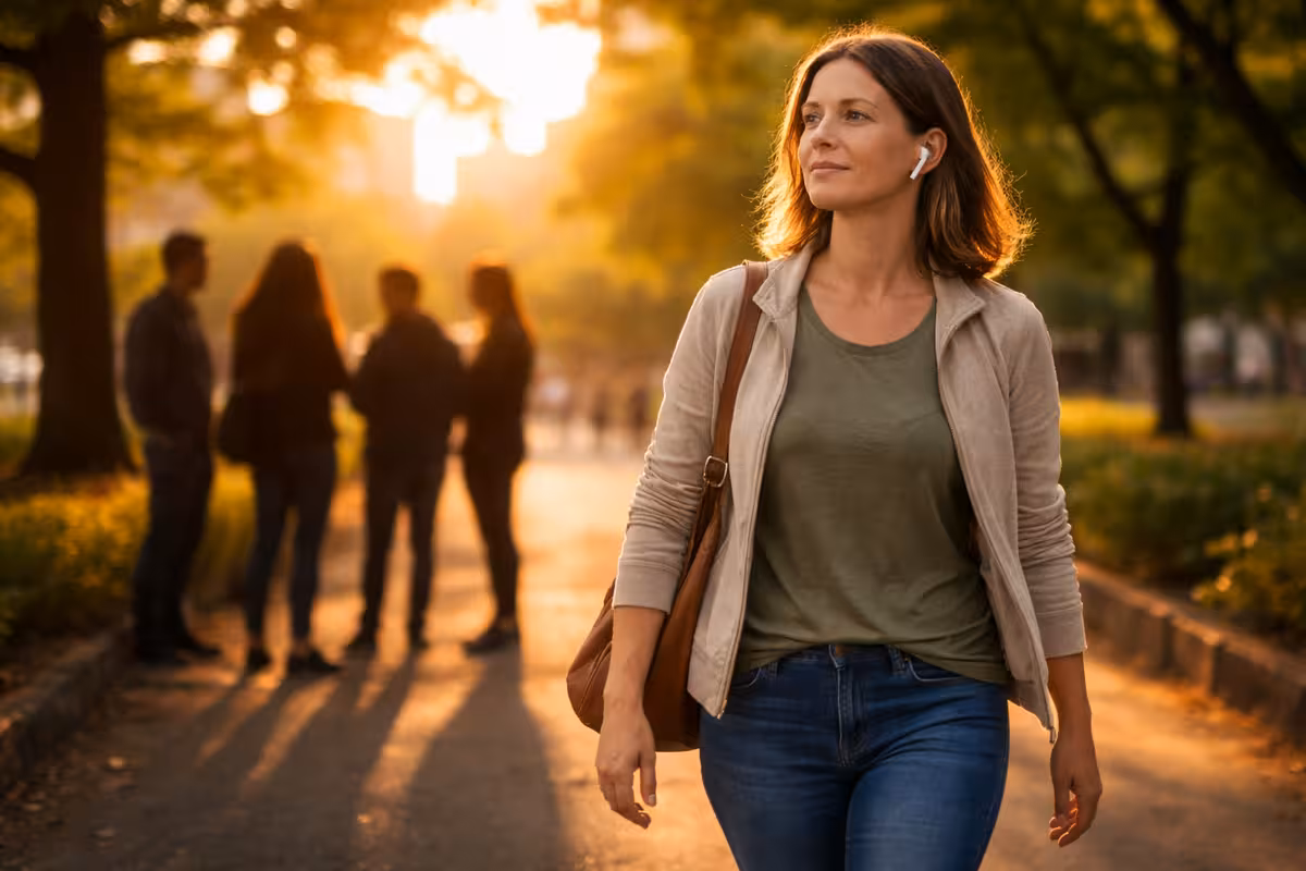 Woman walks away from a group in a park, looking confident and free.