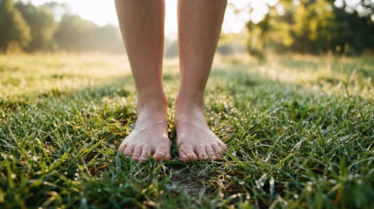 Woman standing barefoot on grass for Root chakra healing practices
