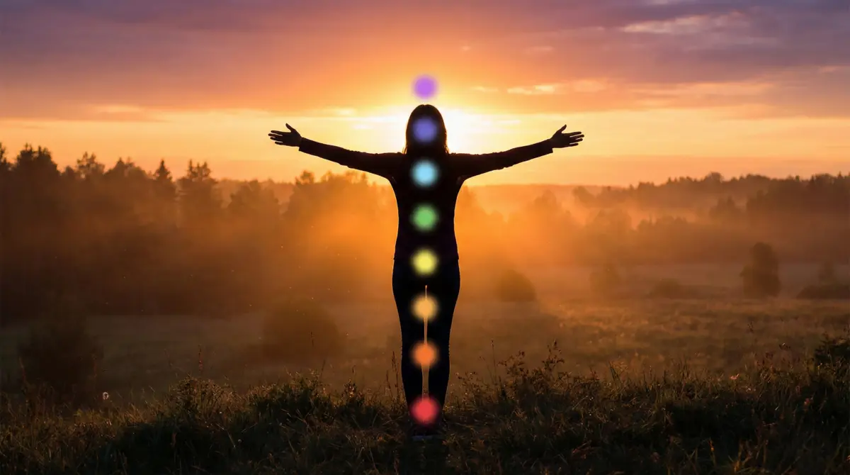 Woman in nature with visible chakra energy points representing energetic healing and nervous system reset after narcissistic abuse