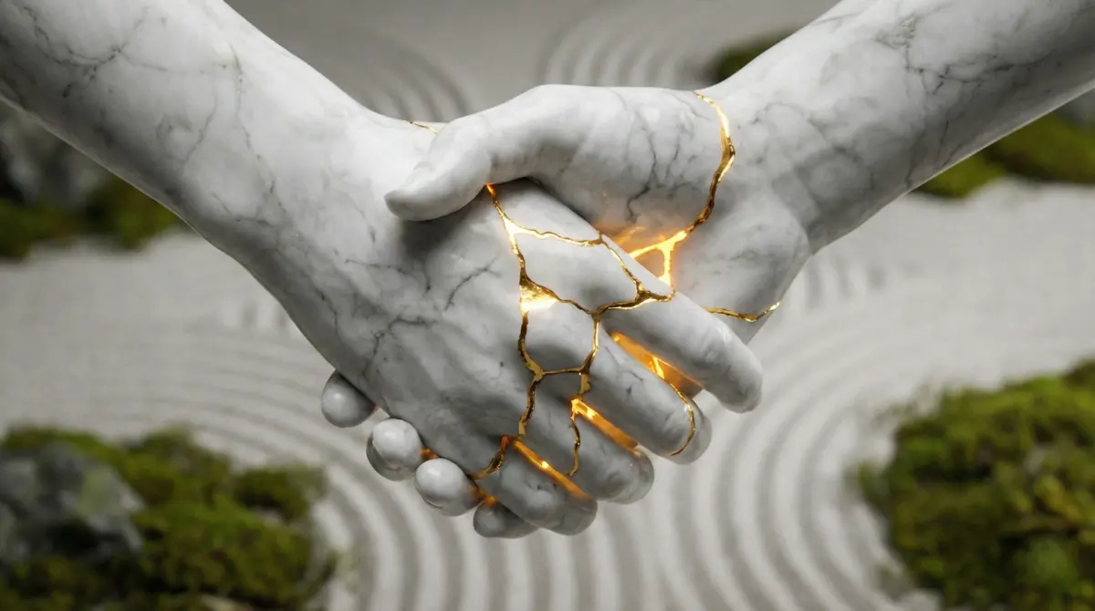 Two stone hands clasping together, with the cracks between them filled with glowing gold, symbolizing that repair makes a conscious relationship stronger.