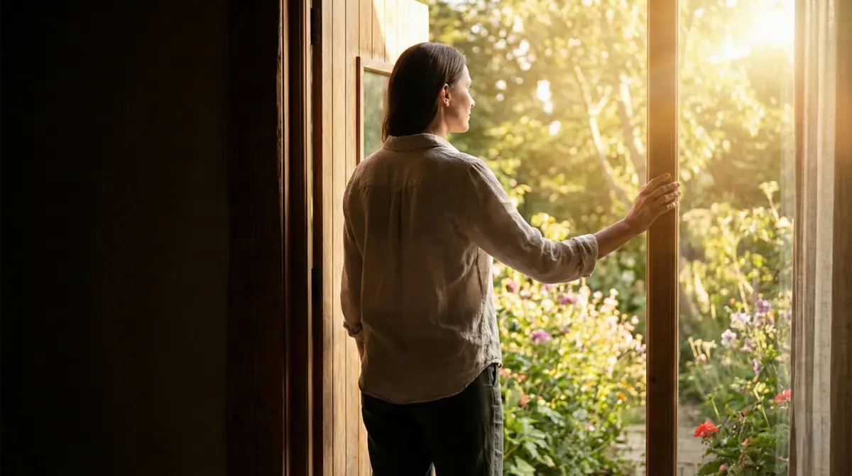 Woman standing at doorway looking toward bright future symbolizing conscious relationship standards after narcissistic abuse recovery